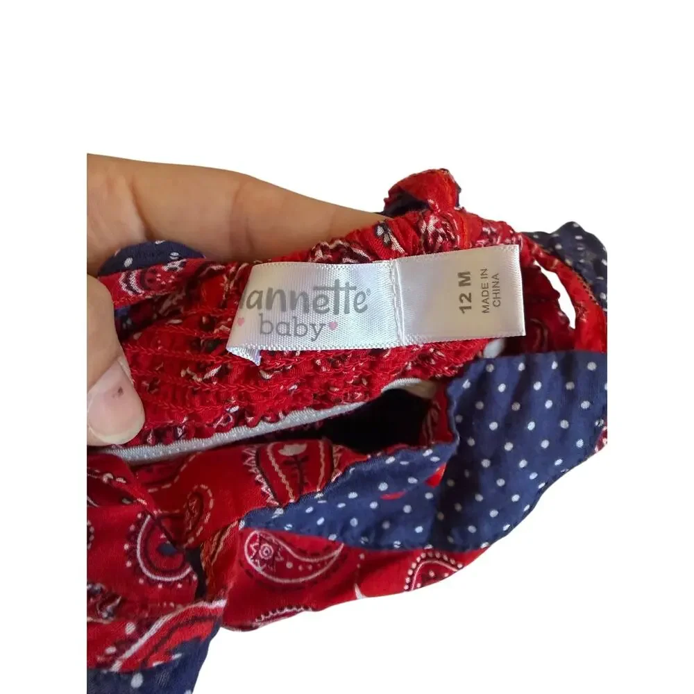 Nannette Baby Bandana 2 Pc Outfit Red Blue Pasiley Print Dress Size 12M Rodeo